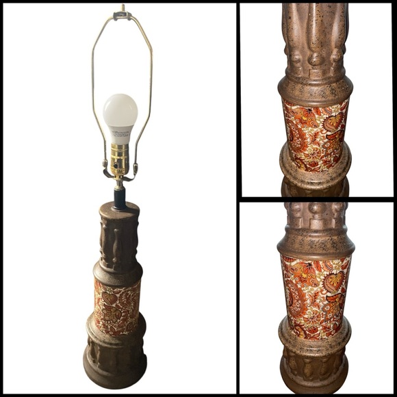 Vintage MCM Distressed Bronze Finish with Ceramic Paisley Electric 29”Table Lamp - Picture 2 of 16